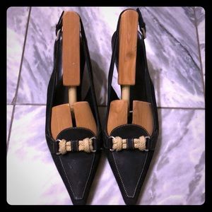 Vintage Prada black leather pointy toe sling backs